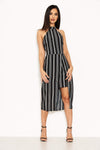 Black Pin Striped Wrap Skirt Cut In Neck Dress