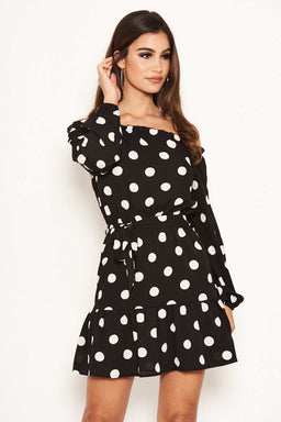 Black Polka Dot Bardot Ruffle Dress – AX Paris