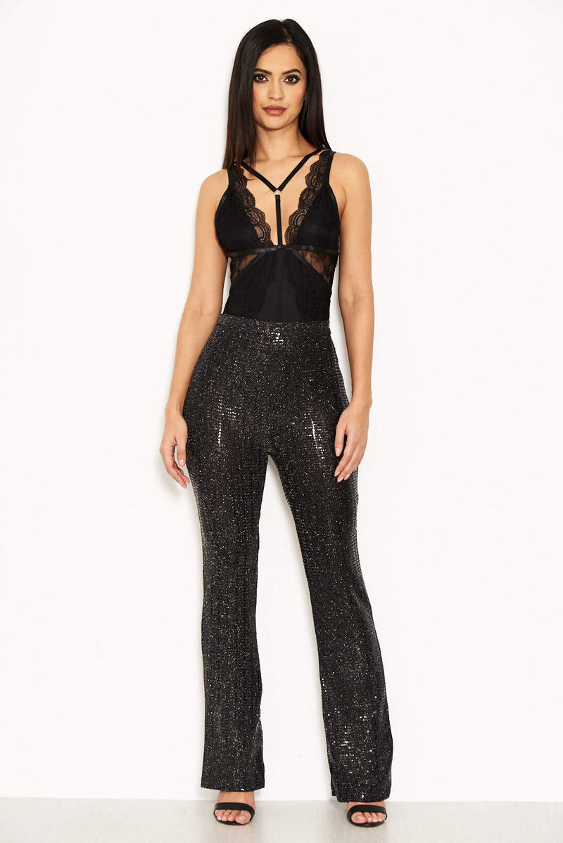 Black and Silver Sequin Pants - Flare Pants - High Rise Pants - Lulus