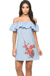 Blue Pinstripe Bardot Dress With Frill Detail And Embroidery