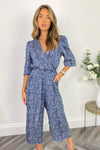 Blue Printed Wrap Over Belted Jumpsuit