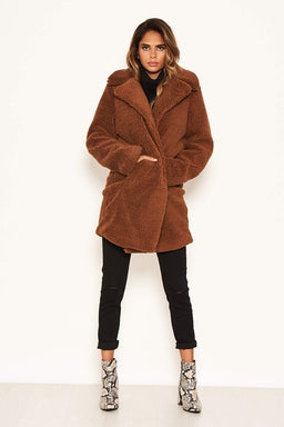 Brown Teddy Faux Fur Coat With Collar – AX Paris