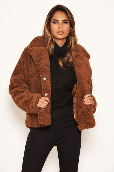 Brown Teddy Faux Fur Short Coat – AX Paris