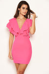 Cerise Plunge Ruffle Neckline Dress