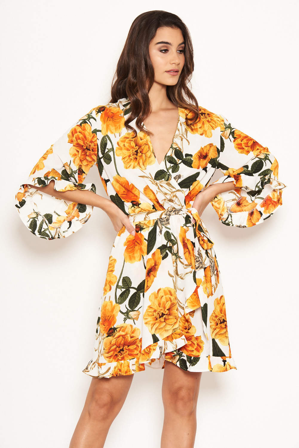 Cream Floral Frill Wrap Dress AX Paris