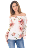 Cream Off The Shoulder Floral Top With Elastic Shoulder Detail