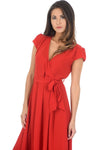 Red Capped Sleeve Waterfall Dress