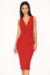 Red Plunge Midi Dress With Twist Front