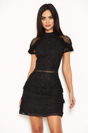 Black High Neck Lace Layer Frill Mini Dress