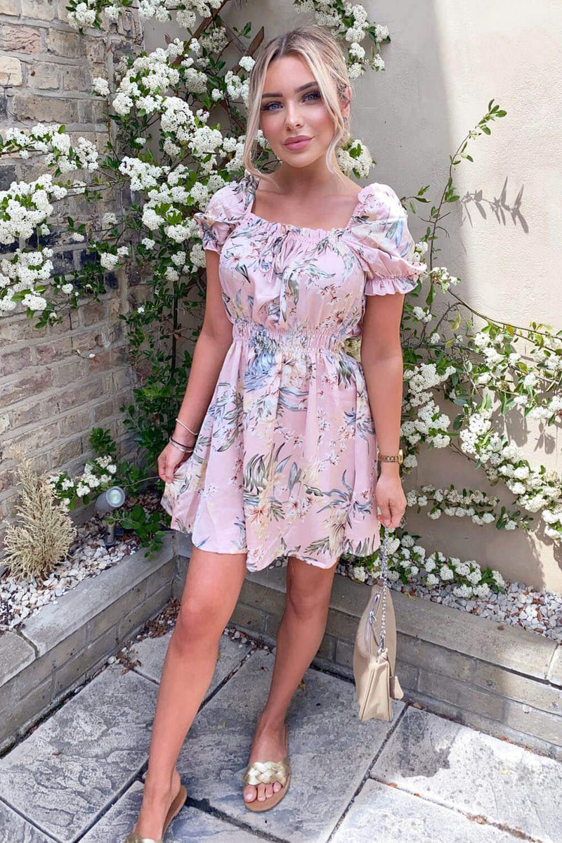 Pink Floral Milkmaid Puff Sleeve Dress – AX Paris