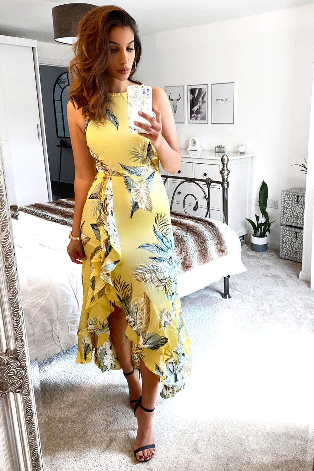 Yellow Frilled Floral Midi Dress with Side Slip AX Paris