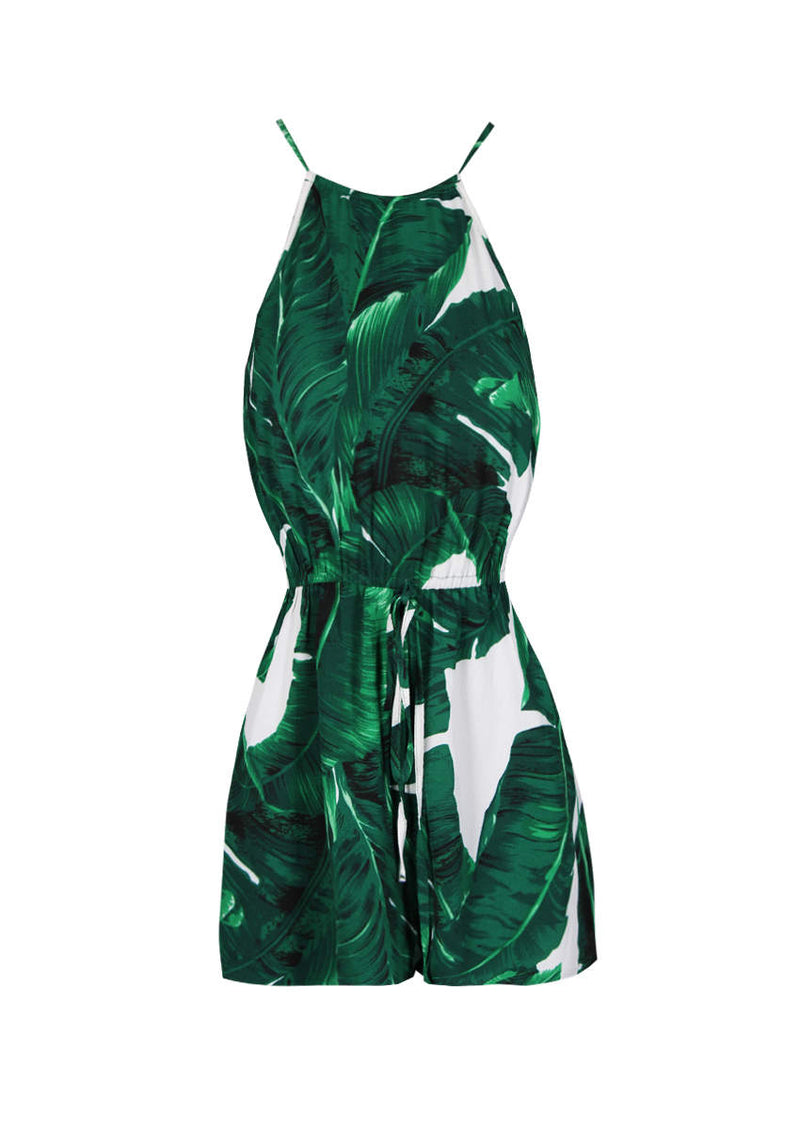 Green Leaf Print Tie Waist Playsuit – AX Paris