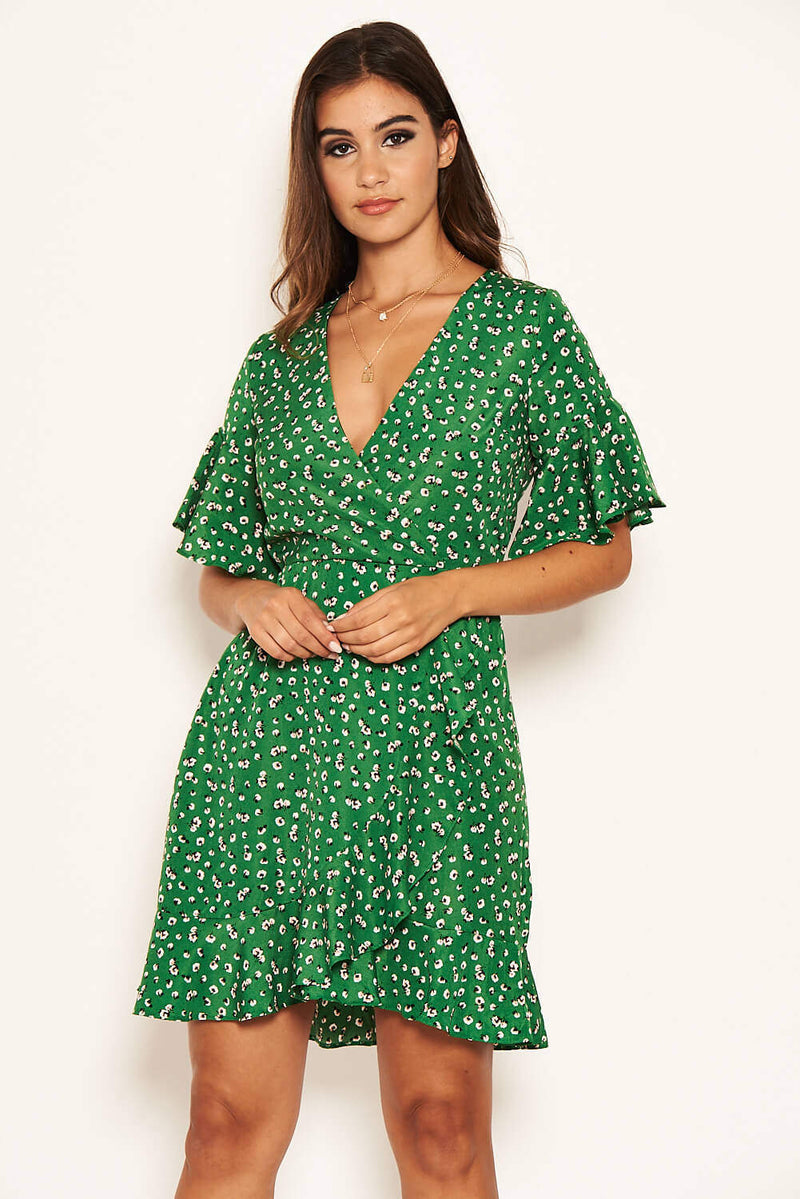 Green Patterned Wrap Frill Mini Dress – AX Paris