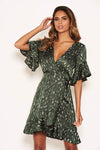 Green Printed Full Wrap Mini Dress