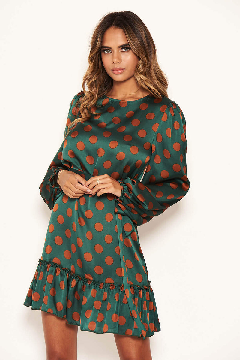 Green Spotty Dress With Frill Hem