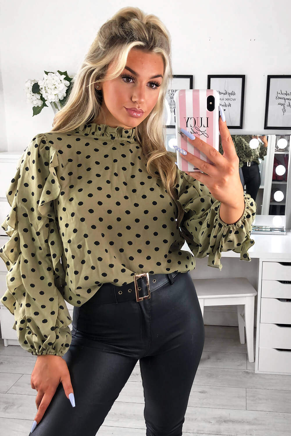 Khaki Polka Dot Frill Sleeve Top