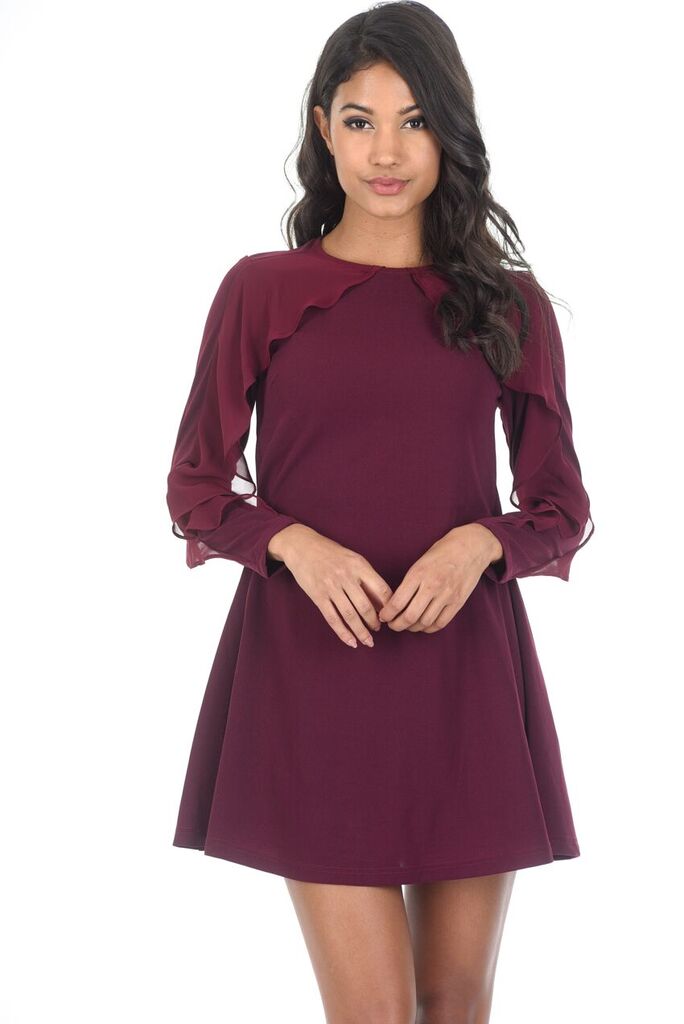 Plum Long Sleeve Frill Detail Swing Dress