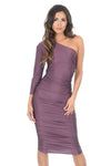 Mauve One Sleeve Slinky Midi Dress With Ruched Detail