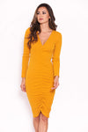 Mustard Ruched Sleeved Dress