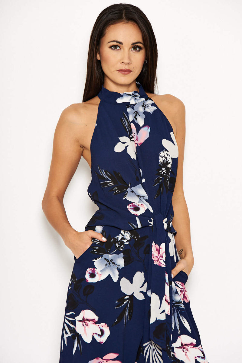 Navy Floral High Neck Print Jumpsuit With Tie Front – AX Paris