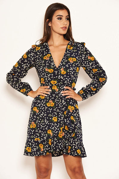 Navy Mixed Floral Wrap Dress – AX Paris