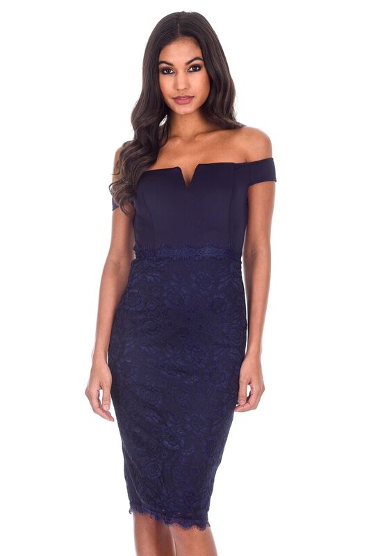 Navy Notch Front Lace Detail Midi Dress AX Paris