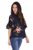 Navy Printed Flared Sleeve Top