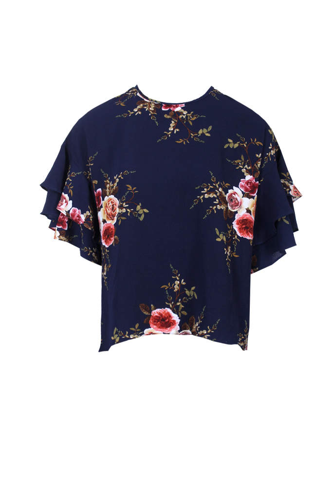 Navy Printed Flared Sleeve Top