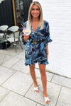 Navy Tropical Print Wrap Dress