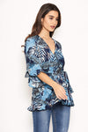 Navy Tropical Print Wrap Top