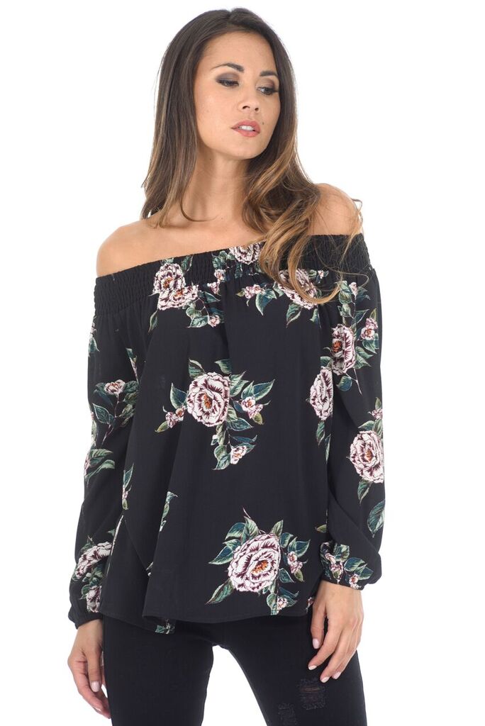 Black Off The Shoulder Floral Top AX Paris