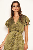 Olive Polka Dot Pleated Wrap Dress