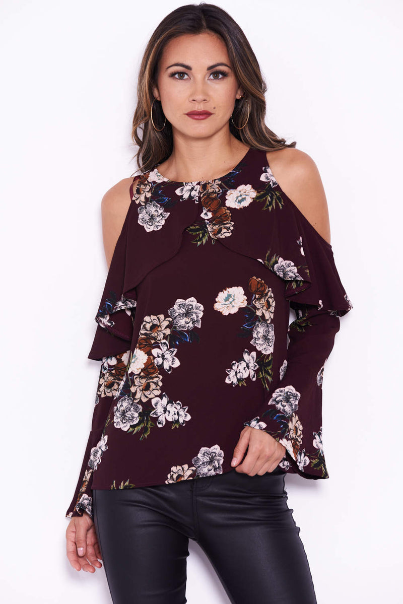 Plum Floral Cold Shoulder Top