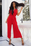 Red Culotte Pleated Tie-Waist Jumpsuit