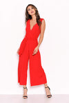 Red Culotte Pleated Tie-Waist Jumpsuit