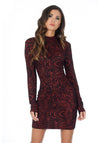 Red High Neck Long Sleeved Printed Bodycon Dress