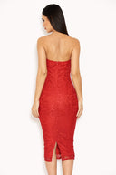 Red Lace Notch Front Midi Dress