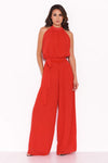 Red Pleated Choker Neck Jumpsuit