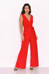 Red Pleated Tie-Waist Jumpsuit