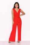 Red Pleated Tie-Waist Jumpsuit