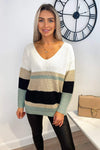 Sage V Front Colour Block Striped Knitted Jumper