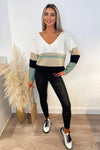 Sage V Front Colour Block Striped Knitted Jumper