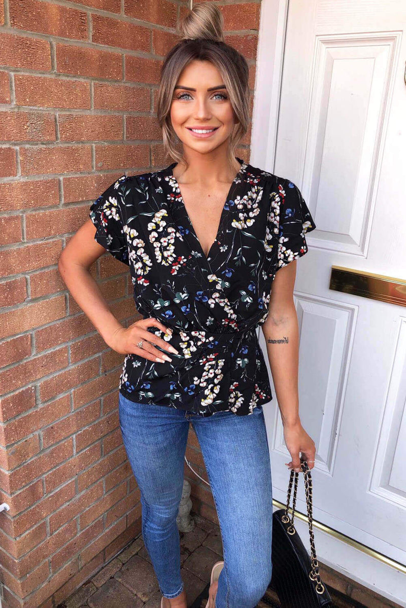 Black Floral Wrap Top