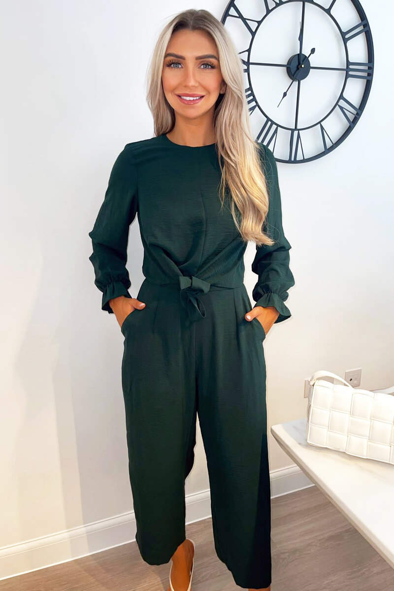 Teal Knot Front Long Sleeve Jumpsuit AX Paris