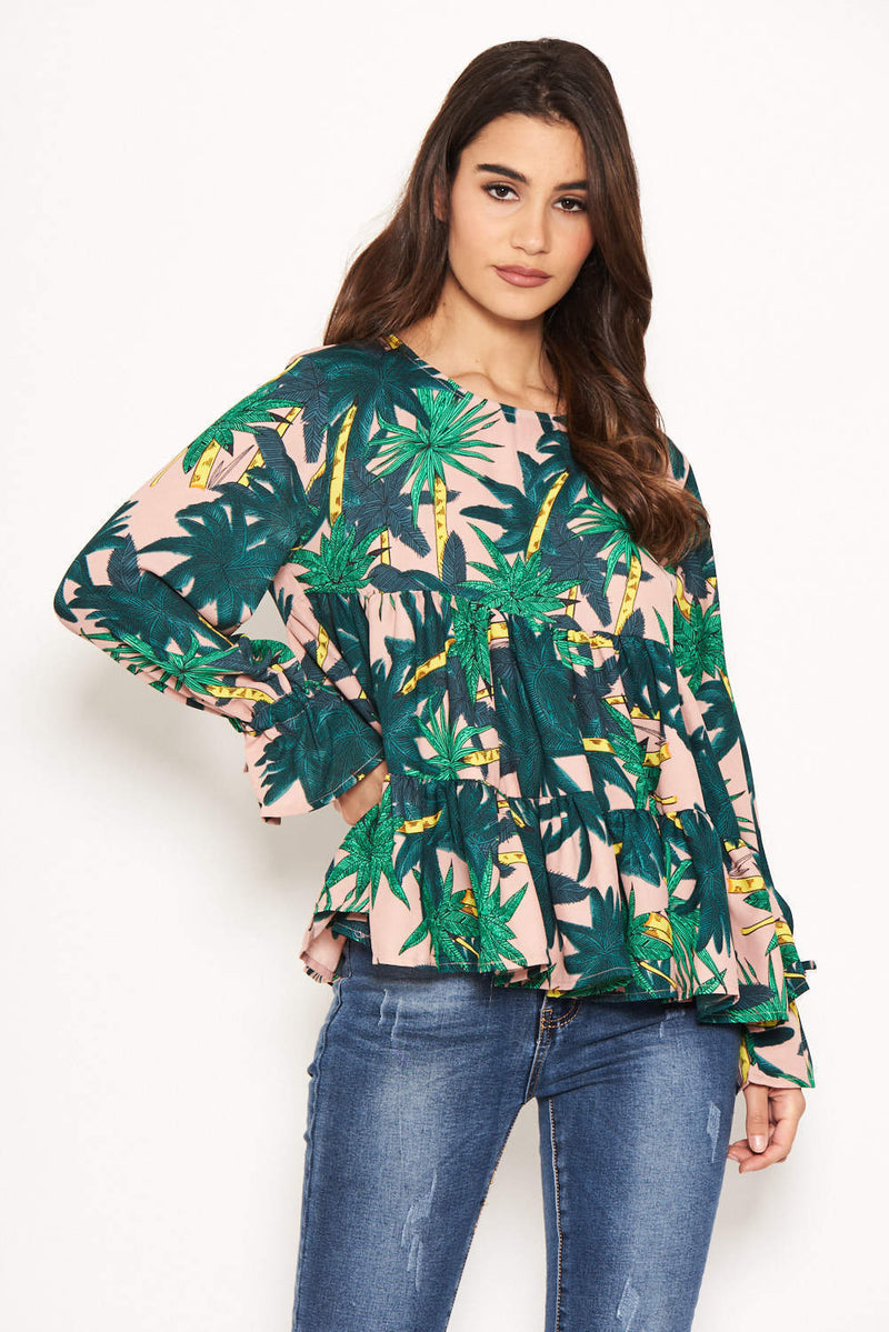 Tropical Printed Peplum Tiered Top