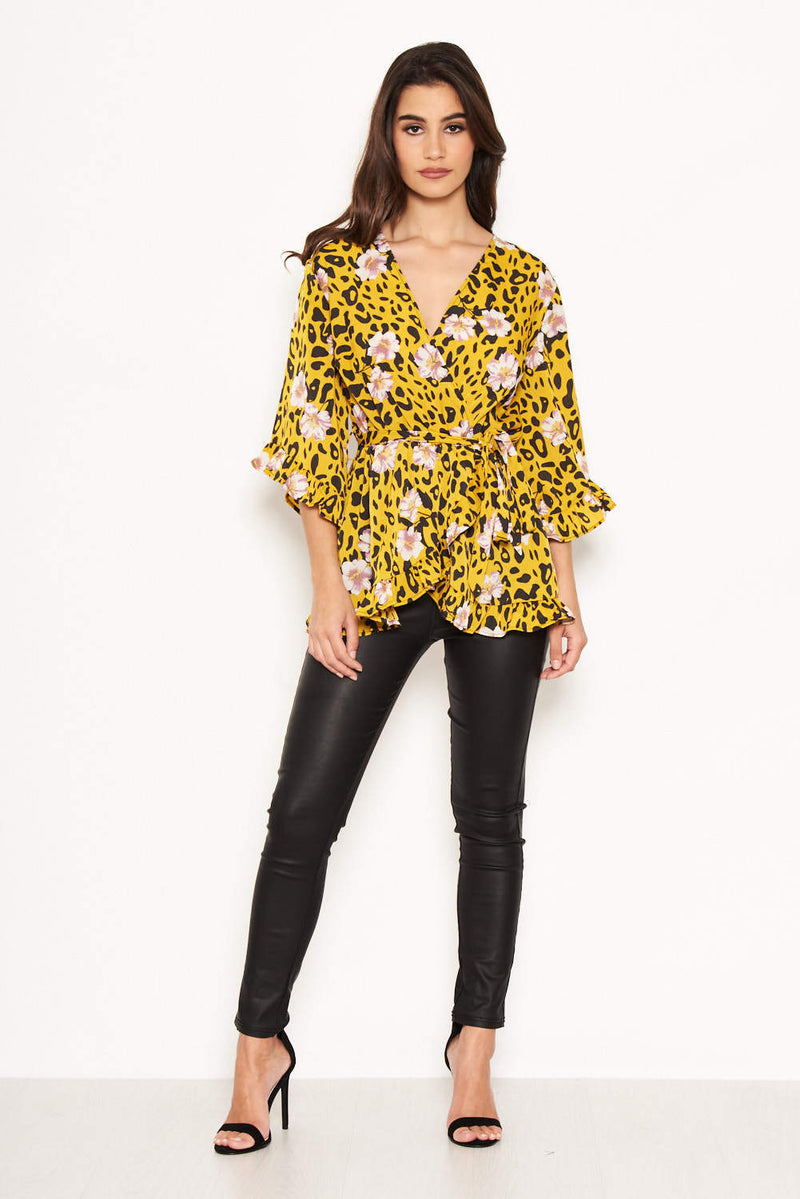 Yellow Animal Print Wrap Top