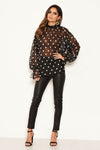 Black Polka Dot Chiffon High Frill Neck Top