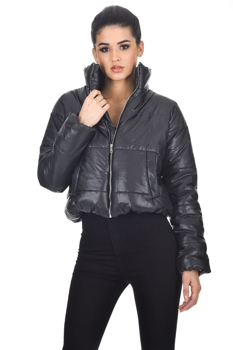Black Wet Look Puffer Jacket – AX Paris